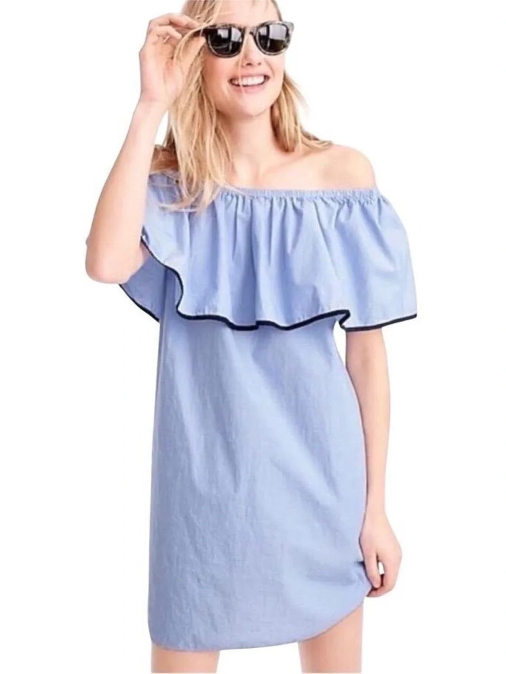 J.Crew Tipped Off The Shoulder Dress End On End Cotton Blue Ruffle Trim Large